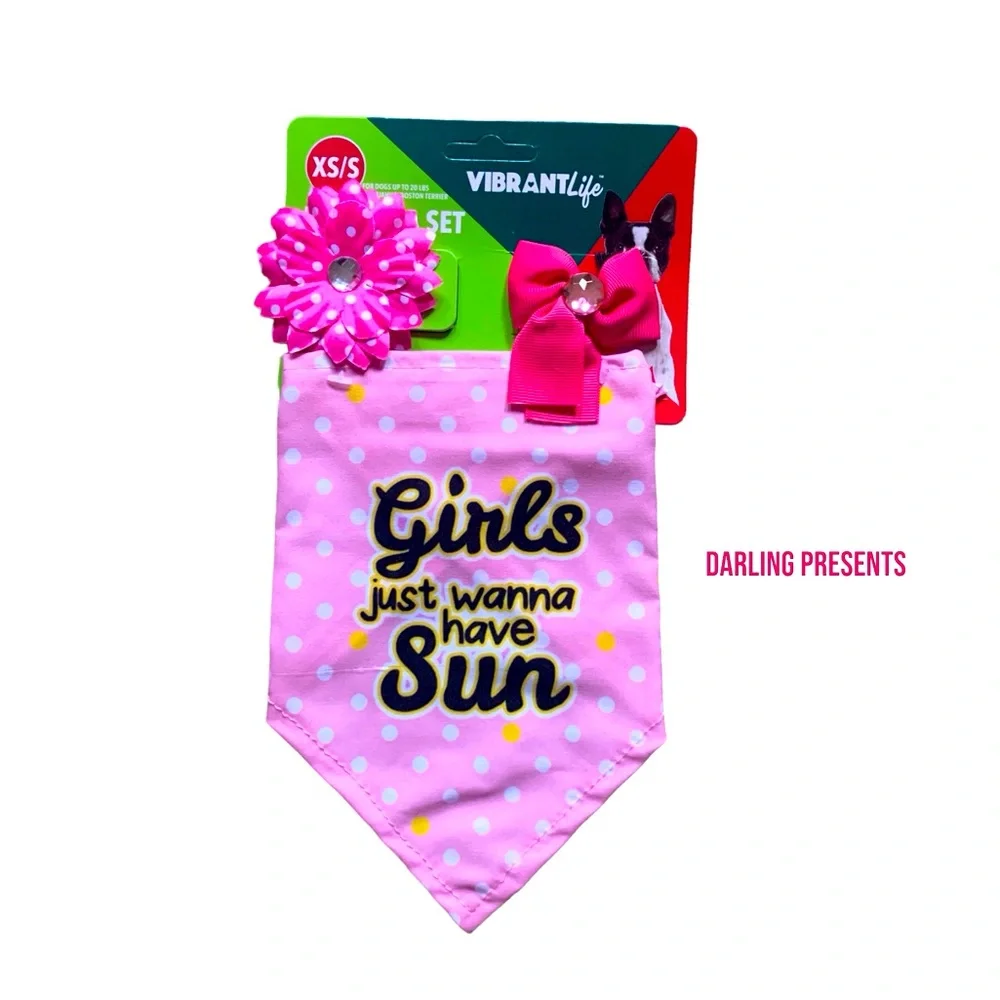 Vibrant Life Girls Just Wanna Have Sun Polkadot Bow/Bandana Dog Set Pink XS/S